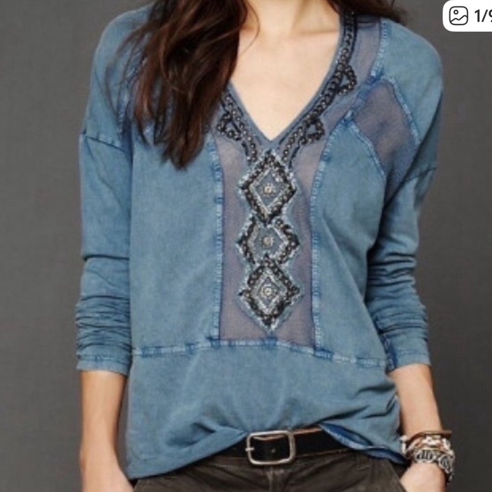Free People Focus On The Center Top Beaded Pink Fuchsia Oversized Tunic‎ X-Small